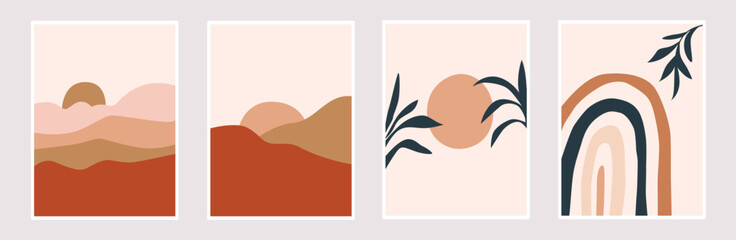 Set of trendy minimalist landscape abstract designs. Scandinavian minimal style landscapes. Landscape wall art.