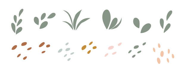 Set of abstract organic shape with leaves. Fluid vector in flat style. Set of modern graphic elements. Template of fluid organic forms.