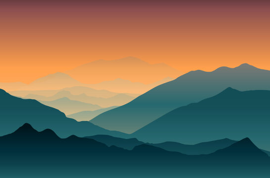 Minimal illustration of beautiful dark blue green mountain landscape with fog sunrise and sunset in dawn orange sky nature adventure tone. 