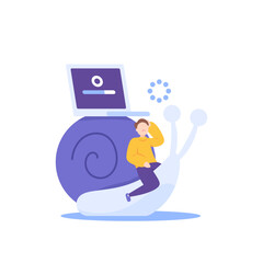 the ability or performance of a slow laptop. slow at work. a worker who has a very slow brain and action. a man rides a snail. illustration concept design - obrazy, fototapety, plakaty