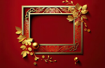 red and gold frame with ornament as chinese new year greeting card background