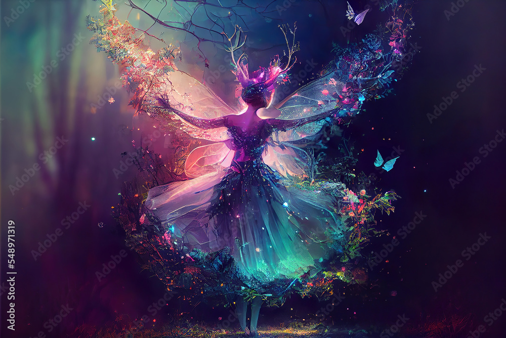 Wall mural colorful magical dancing fairy in enchanted fantasy forest