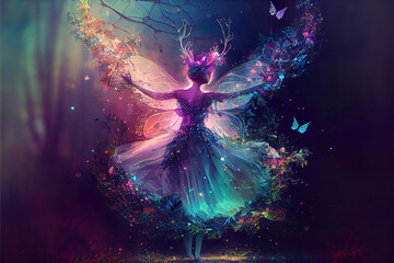 colorful magical dancing fairy in enchanted fantasy forest © ARThitecture
