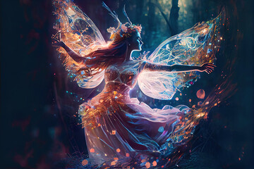 Fototapeta premium colorful magical dancing fairy in enchanted fantasy forest