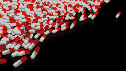 Lots of pills on black background. Design. A lot of 3d tablets are moving on surface. Wave of pills. Pills prescribed by doctors or antidepressants