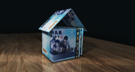 Fototapeta premium Taiwan Taiwanese Dollar 1000 TWD money banknotes paper house on the table 3d illustration