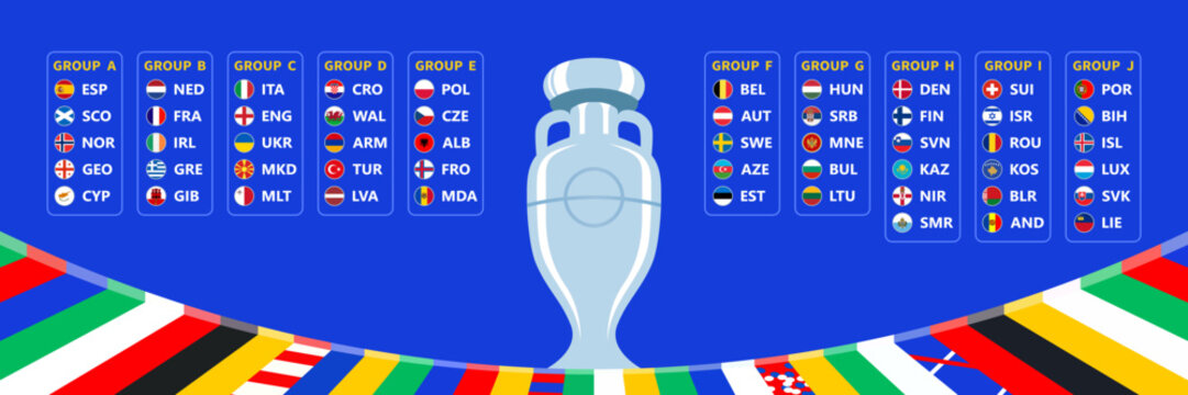 Vector table of the qualifying stage of the European Championship 2024 on a blue background of a multi-colored stadium. National football teams with round flag badges