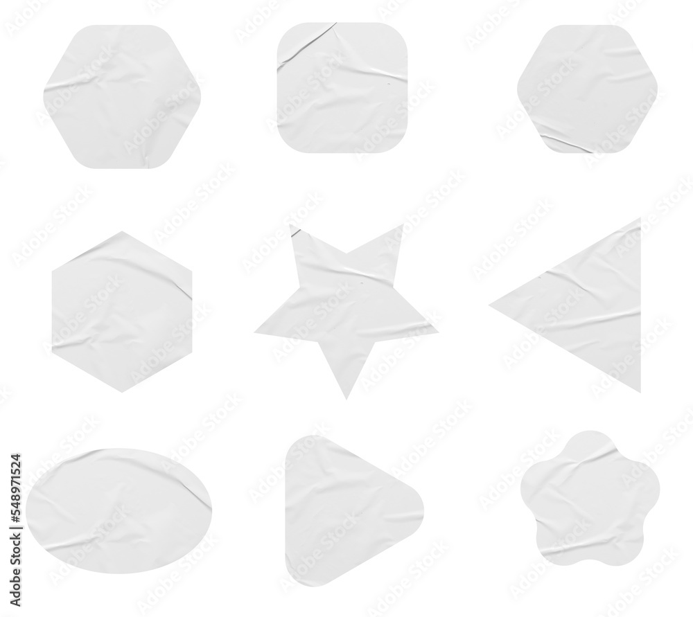 Poster white stickers mockup. blank labels of different shapes, circle wrinkled paper emblems. copy space. 