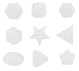 White stickers mockup. Blank labels of different shapes, circle wrinkled paper emblems. Copy space. Stickers or patches for preview tags, labels