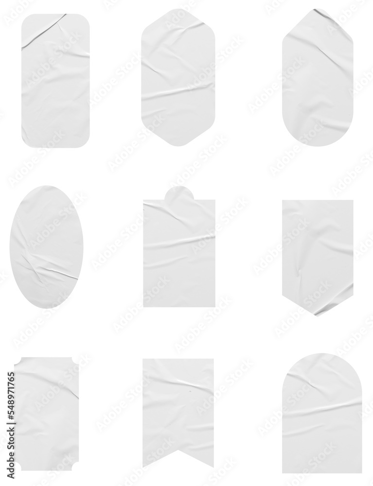 Poster white stickers mockup. blank labels of different shapes, circle wrinkled paper emblems. copy space. 