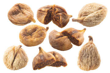 Whole and halved dried fig (Ficus carica fruits), isolated - obrazy, fototapety, plakaty
