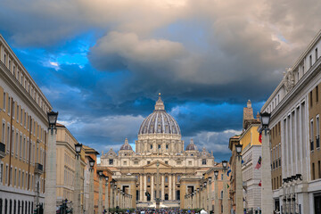 Fototapeta na wymiar View of Saint Peter's Basilica in Rome from the Via della Conciliazione, Italy.