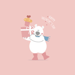 cute and lovely hand drawn white polar bear, happy valentine's day, love concept, flat vector illustration cartoon character costume design