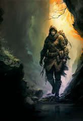 rugged warrior preparing an ambush, fantasy art