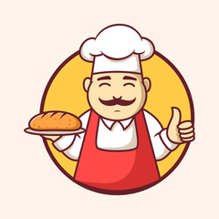 Hand drawn chef bakery logo template, cartoon chef logo