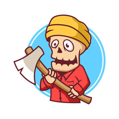 Hand drawn skull lumberjack cartoon, lumberjack mascot