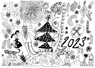 Funny babies drawing with chinese new year 2023 santa claus, christmas tree and black hare. Naive scribble style collection for merry Christmas and happy new year. Vector illustration