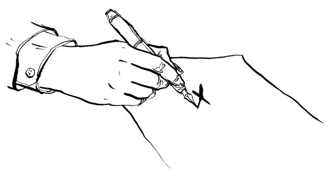 Hand macht ein Kreuz auf Vertrag oder Wahlzettel