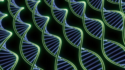 Moving genetic spirals. Design. Many lines of genetic dna helices. DNA spirals move and rotate in rows. Background for science and medicine