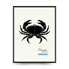Abstract ocean and sea posters template. Modern sea Botanical trendy black style. Vintage seaweed, fish, shell. Ink wall  art.