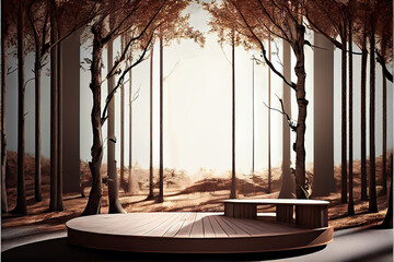 wooden product display podium for luxury product advertisement, summer forest environment in the background
