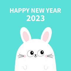 Obraz premium Happy Chinese New Year 2023. The year of the rabbit. White bunny head face. Funny head face. Cute kawaii cartoon character. Baby greeting card. Blue background. Flat design.