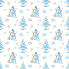 Seamless pattern with a snowman, Christmas tree and snowflakes, stars on a white background. Cute illustration for fabrics and wrapping paper in high quality in cartoon style