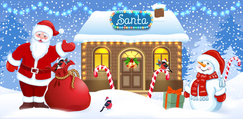 Christmas card with Snowman and Santa Claus with gifts bag and boxes against  Santa's workshop and winter forest background.