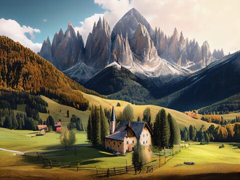Val di Funes valley, Italy. Stunning ai generated illustration