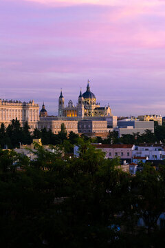 View of the Royal Palace and Almudena Cathedral at sunset, Madrid, Spain