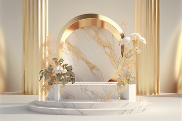 white marble product podium display for luxury product presentation, beautiful golden decoration in the background