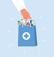 Delivery pharmacy service. Human hand holding paper bag with drugs and pills. Online medicine concept. Vector illustration in flat cartoon style.