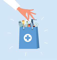 Delivery pharmacy service. Human hand holding paper bag with drugs and pills. Online medicine concept. Vector illustration in flat cartoon style.