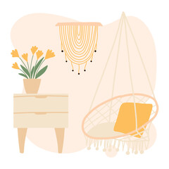 Modern living room interior. Decor elements for a modern interior. An armchair with a bedside table and room seating. Vector illustration hand drawn in cartoon style.