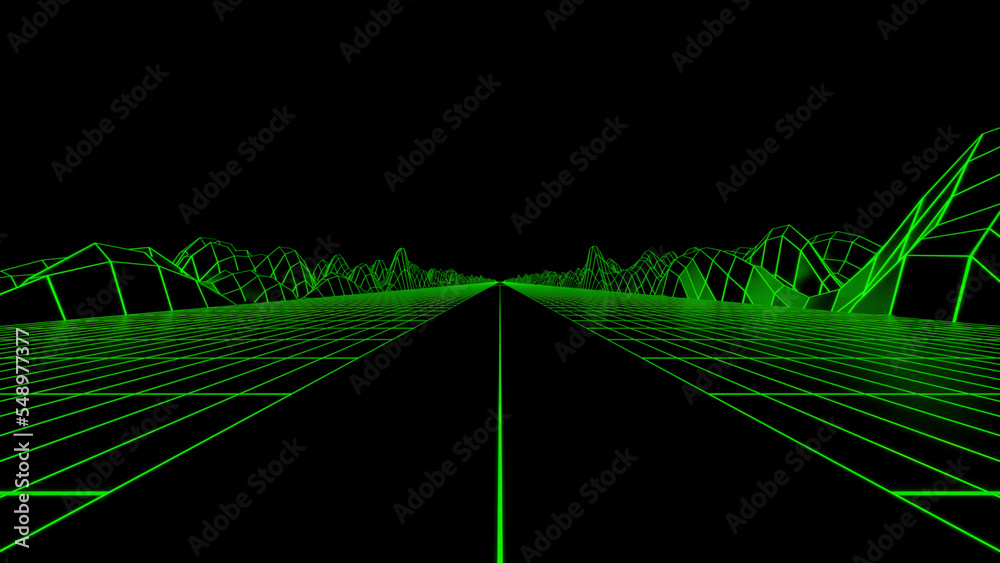 Poster retro futuristic synthwave grid background with hills on a black endless space. design. fast drive w