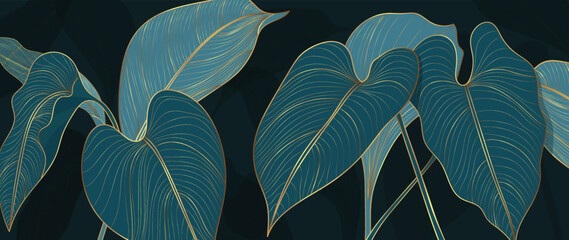 Luxury tropical leaves line art background vector. Elegant hand drawn tropical foliage gold line art background. Design illustration for decoration, wall decor, wallpaper, cover, banner, poster, card.