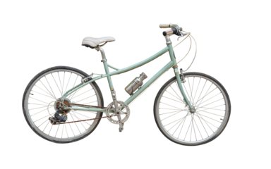 side view antique green frame bicycle and white cushion on transparent background, object, decor, transport, banner, copy space