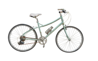Zelfklevend Fotobehang side view antique green frame bicycle and white cushion on transparent background, object, decor, transport, banner, copy space © nonneestudio
