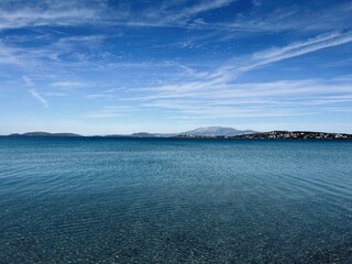 blue seascape, blue sea and blue sky, natural background