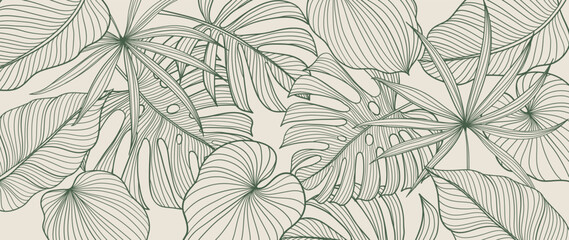 Fototapeta premium Tropical foliage background vector. Elegant hand drawn tropical monstera and palm leaves line art background. Design illustration for decoration, wall decor, wallpaper, cover, banner, poster, card. 