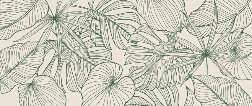 Tropical foliage background vector. Elegant hand drawn tropical monstera and palm leaves line art background. Design illustration for decoration, wall decor, wallpaper, cover, banner, poster, card. 