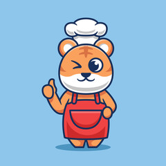 Cute Tiger chef with thumbs up cartoon vector illustration. Food animals and restaurant icons.