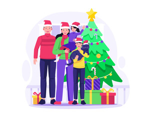 Happy Family celebrates Christmas and New Year near the Christmas tree with gifts. Merry Christmas and Happy New Year. Vector illustration in flat style
