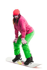 beautiful woman with snowboard in studio on isolated background.