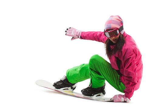beautiful woman with snowboard in studio on isolated background.