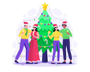 People celebrate Christmas and new year. Two Couples Man and woman with champagne near a Christmas tree. Vector illustration in flat style