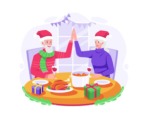 Happy Old Couple doing high five and celebrating Christmas by having dinner together. Vector illustration in flat style