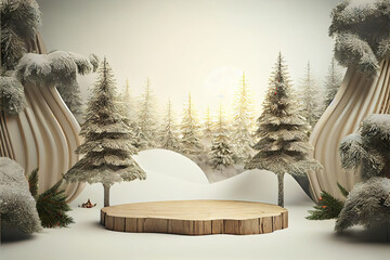 wooden product display podium for christmas advertisements, beautiful winter christmas forest in the background