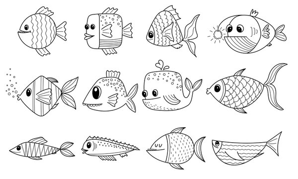 Set of hand drawn outline comic fish. Cute funny abstract fish for children coloring book. Vector black and white illustration isolated on white background.