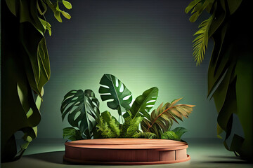 wooden product display podium for luxury product advertisement, lush jungle environment in the background